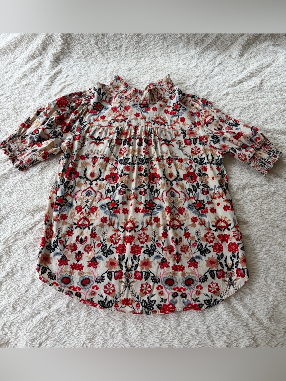 LOFT Floral Smocked Neck Blouse in Cream with Red & Navy